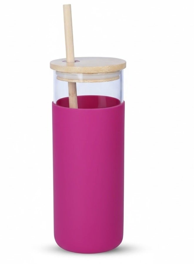 فالمر كوب زجاجي مع حافظة واقية من السيليكون مع ماصه من الكارتون للمشروبات الباردة والعصائر بغطاء خشب سعه 500 مل - شفاف/وردى - Image 1