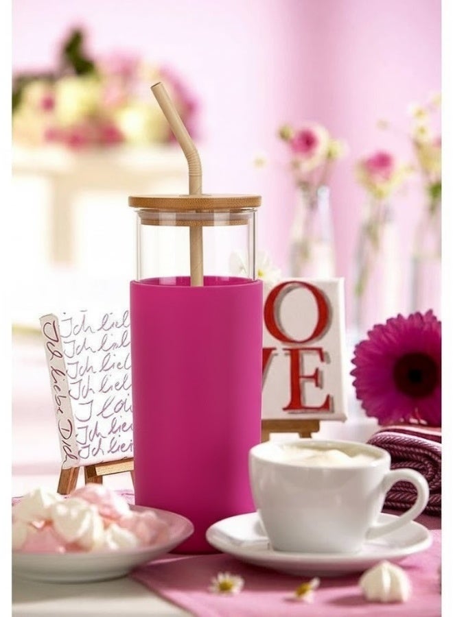 فالمر كوب زجاجي مع حافظة واقية من السيليكون مع ماصه من الكارتون للمشروبات الباردة والعصائر بغطاء خشب سعه 500 مل - شفاف/وردى - Image 4