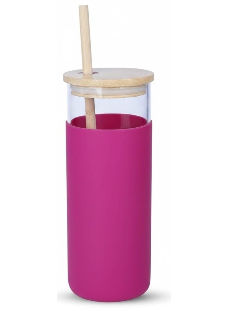FALMER Glass Cup With Silicone Protective Seeve And Cartoon Straw For Cold Drinks And Juices, With Wooden Lid, 500Ml Capacity - Transparent/Pink - Image 1