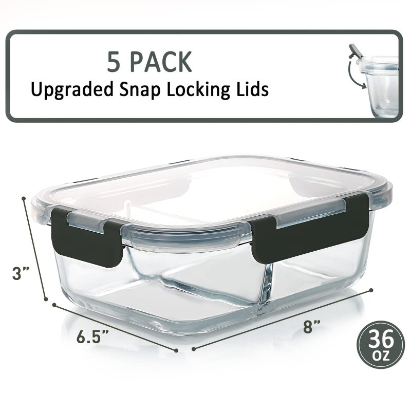 M MCIRCO [5-Pack 36 Oz] Glass Meal Prep Containers 2 Compartments Portion Control with Upgraded Snap Locking Lids Glass Food Storage Containers  Microwave  Oven  Freezer and Dishwasher (4.5 Cups) - Image 2