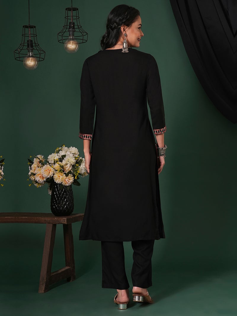 globus Globus Women Sequinned Embroidered Yoke Calf Length Straight Kurta & Pants Ethnic Set  - Image 3