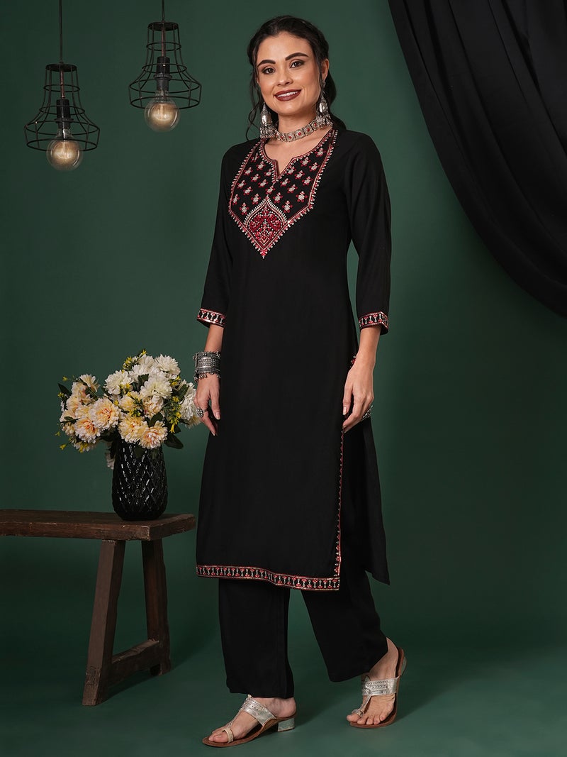 globus Globus Women Sequinned Embroidered Yoke Calf Length Straight Kurta & Pants Ethnic Set  - Image 2