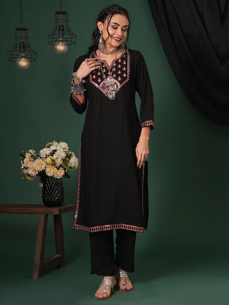 globus Women Sequinned Embroidered Yoke Calf Length Straight Kurta & Pants Ethnic Set