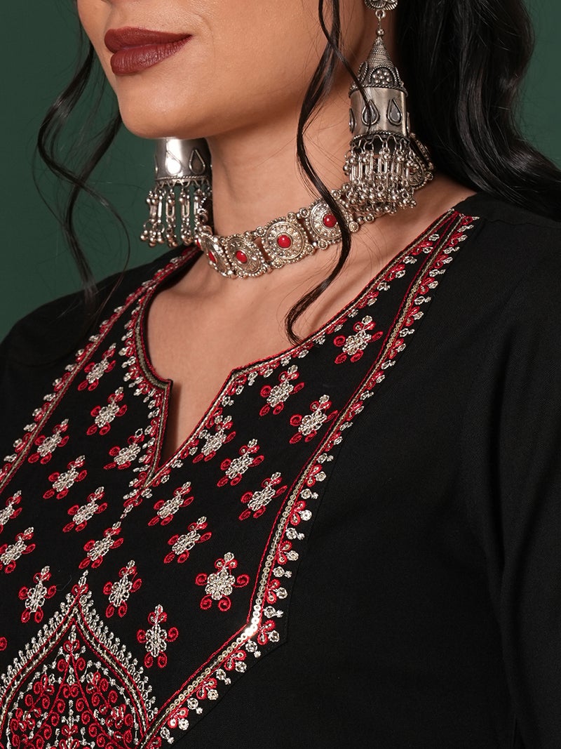 globus Globus Women Sequinned Embroidered Yoke Calf Length Straight Kurta & Pants Ethnic Set  - Image 4