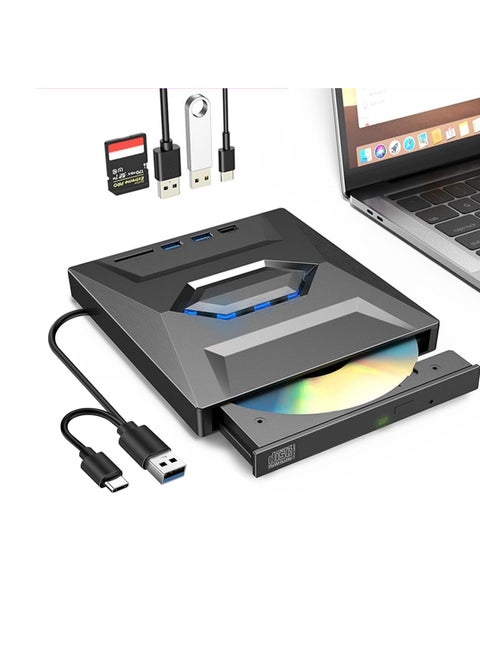 External DVD CD Drive USB 3.0 & Type C Portable , CD/DVD +/-RW Burner DVD Player - 8X DVD 24X CD Fast Speed with SD Card Reader and USB Hub For Laptop ,PC Windows Linux