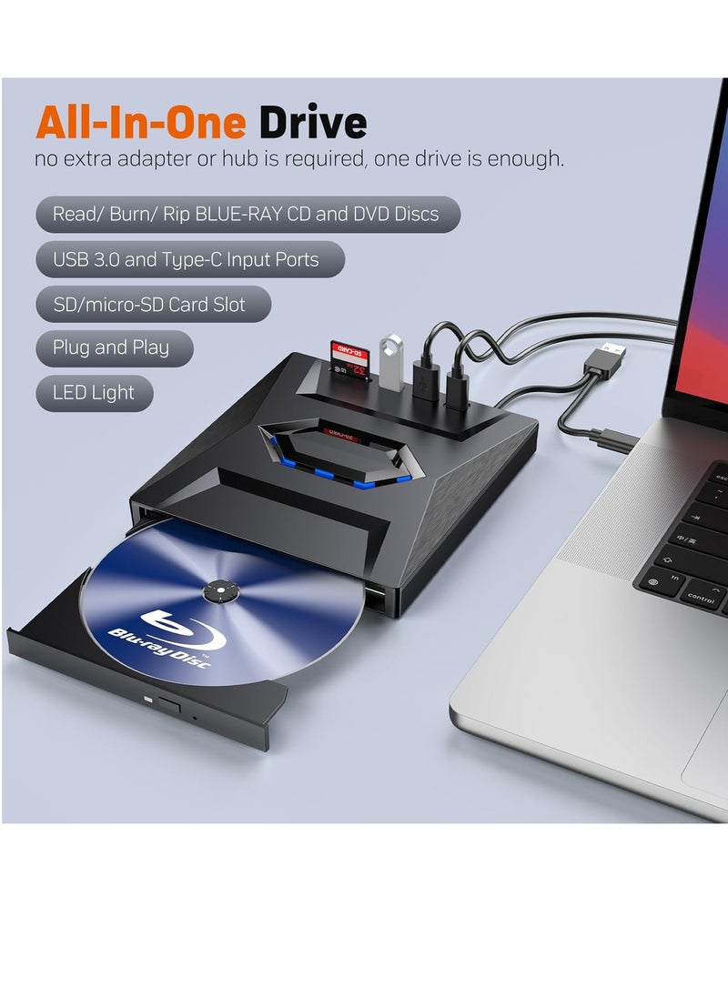 Generic - External DVD CD Drive USB 3.0 & Type C Portable , CD/DVD +/-RW Burner DVD Player - 8X DVD 24X CD Fast Speed with SD Card Reader and USB Hub For Laptop ,PC Windows Linux - Image 1