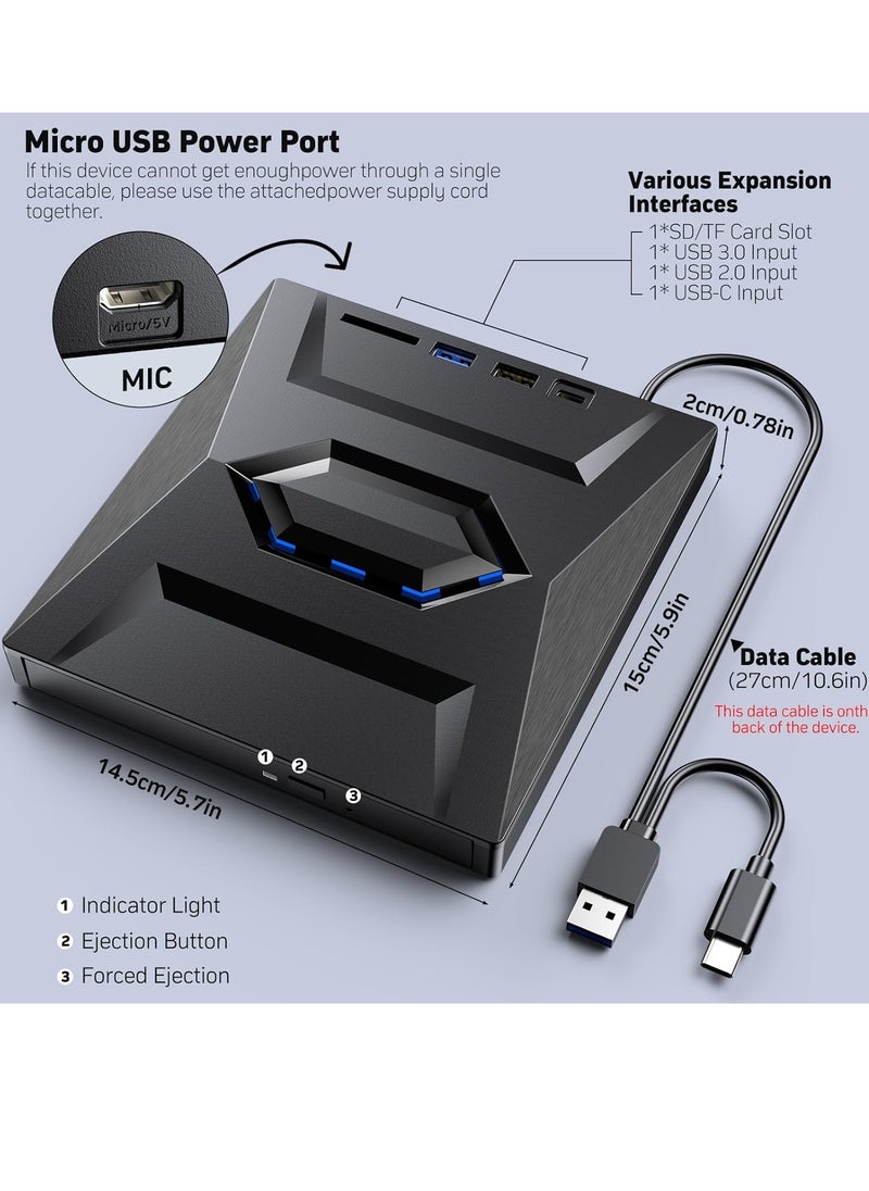 Generic - External DVD CD Drive USB 3.0 & Type C Portable , CD/DVD +/-RW Burner DVD Player - 8X DVD 24X CD Fast Speed with SD Card Reader and USB Hub For Laptop ,PC Windows Linux - Image 1
