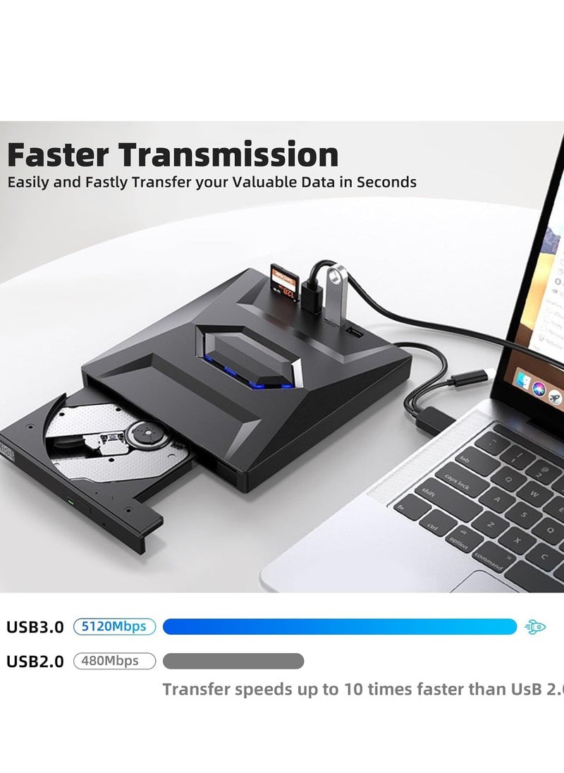 Generic - External DVD CD Drive USB 3.0 & Type C Portable , CD/DVD +/-RW Burner DVD Player - 8X DVD 24X CD Fast Speed with SD Card Reader and USB Hub For Laptop ,PC Windows Linux - Image 1