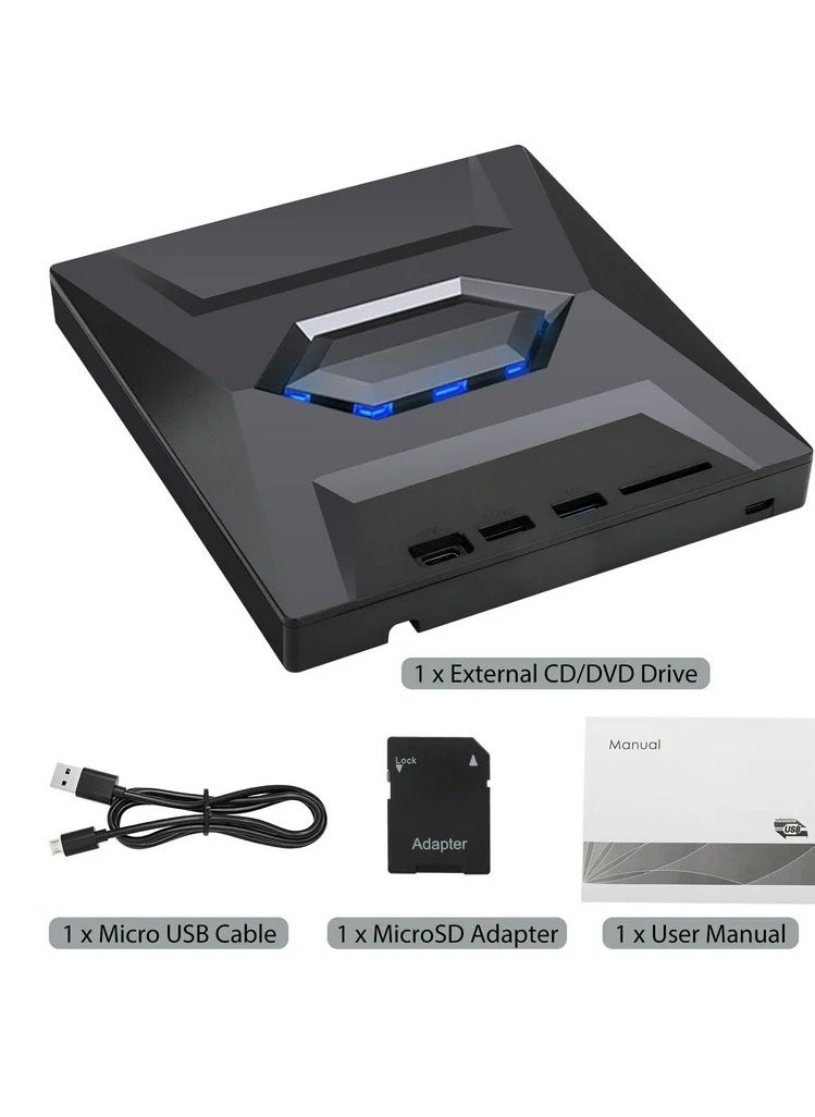 Generic - External DVD CD Drive USB 3.0 & Type C Portable , CD/DVD +/-RW Burner DVD Player - 8X DVD 24X CD Fast Speed with SD Card Reader and USB Hub For Laptop ,PC Windows Linux - Image 1