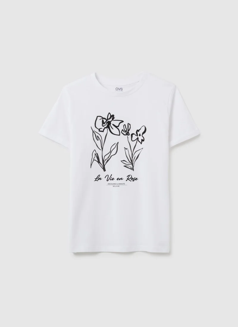 او في اس WHITE PURE COTTON REGULAR FIT T-SHIRT WITH FLORAL PRINT
