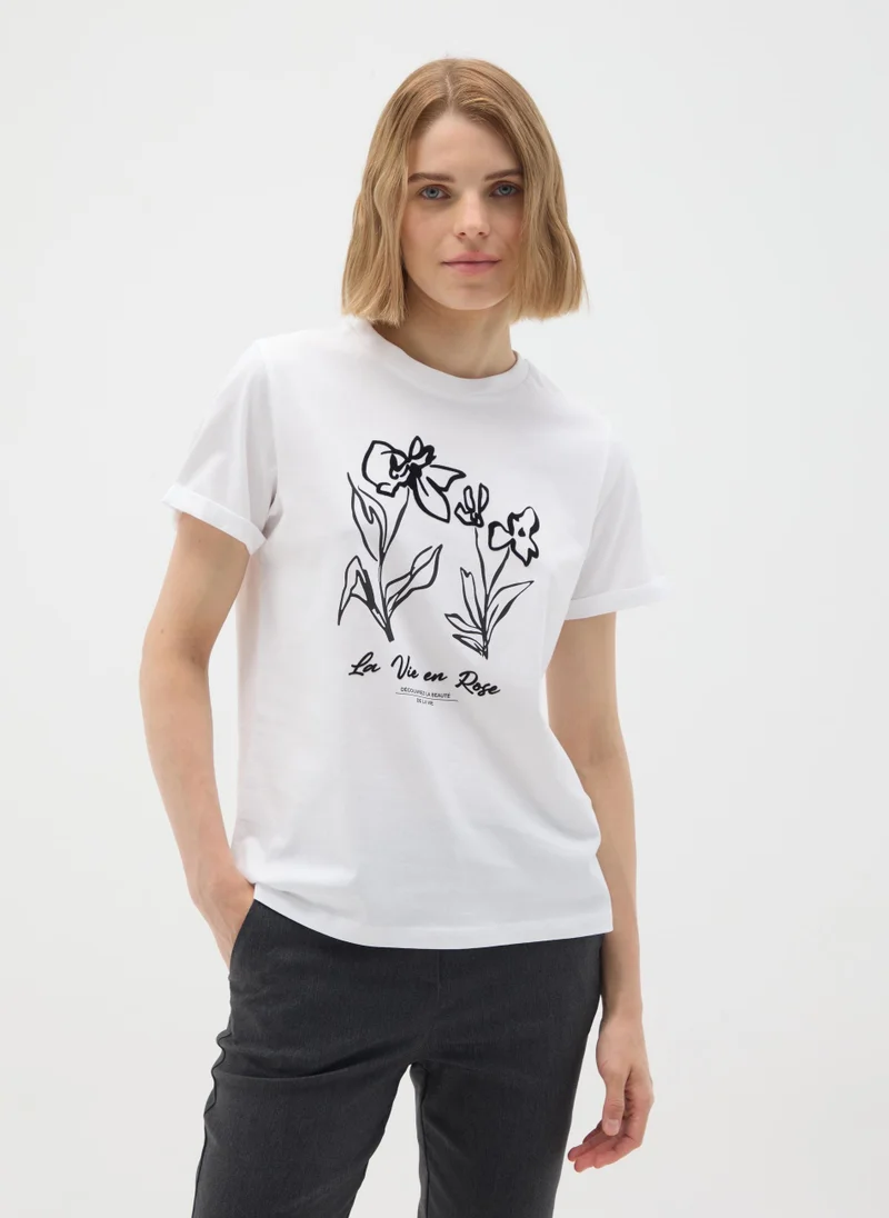 Ovs WHITE PURE COTTON REGULAR FIT T-SHIRT WITH FLORAL PRINT