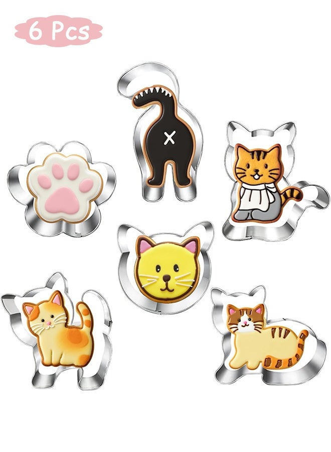 Quantum 6 Pcs Mini Cat Cookie Cutter Set - Small Stainless Steel Animal Cookie Cutters with Cat Face, Kitty Butt, Paw and 3 Cute Shapes Molds - Tiny Fruit Cutter for Kids - Geometric Set for Biscuit Cutter (Silver) - Image 1