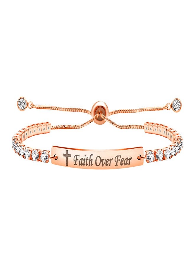 OIDEA Tennis Bracelets for Women: Faith Over Fear Inspirational Gifts for Womens 3mm Slim Rectangular Zirconia Stainless Steel Adjustable Slider Chain Bracelets Jewelry Gifts Rosegold - Image 1