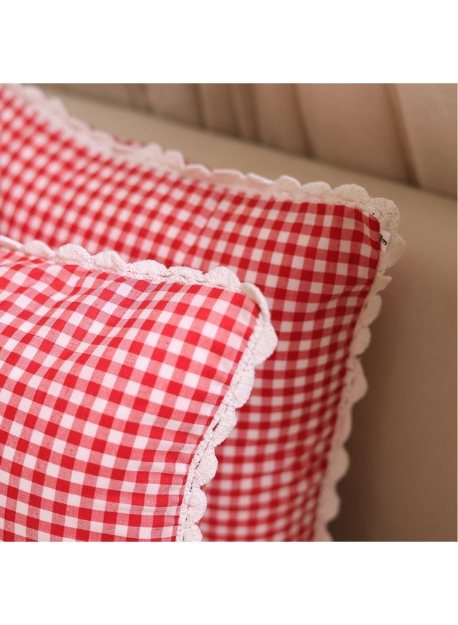 Sleepy Threads Sleepy Threads Red & White Checkered Cotton Cushion Cover | 16x16 inch/40x40 cm | Decorative Throw with Handcrafted Crochet Border for Sofa, Living Room, Bedroom, Deewan, Couch - Image 4