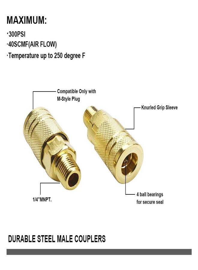 JS Tools 7 Pieces Male Air Coupler Set, 1/4 Inch NPT Thread and Body Size Quick Connect Air Tool, Industrial Grade M-Style Coupler with Brass Finish for Quickly and Safely Disconnect Air Hose - Image 3