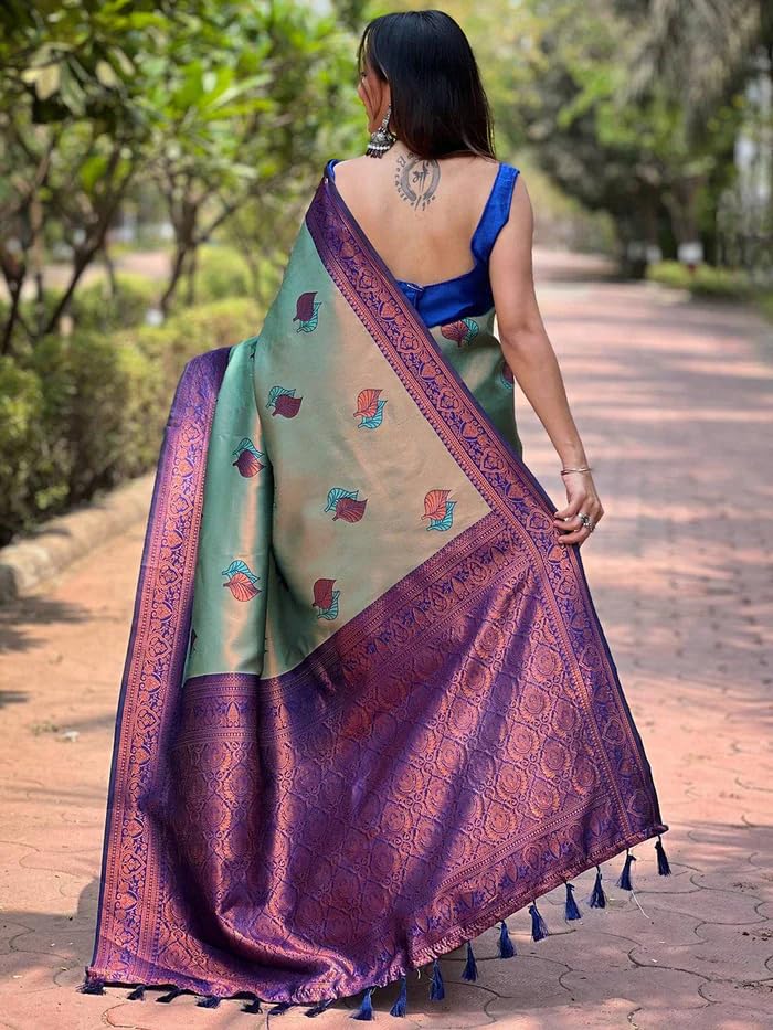 SGF11 Women's Kanjivaram Pure Soft Silk Saree With Unstitched Blouse Piece (Light Blue) - Image 4