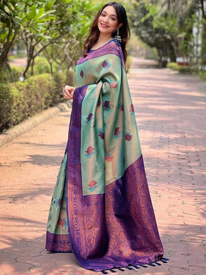 SGF11 Women's Kanjivaram Pure Soft Silk Saree With Unstitched Blouse Piece (Light Blue) - Image 5