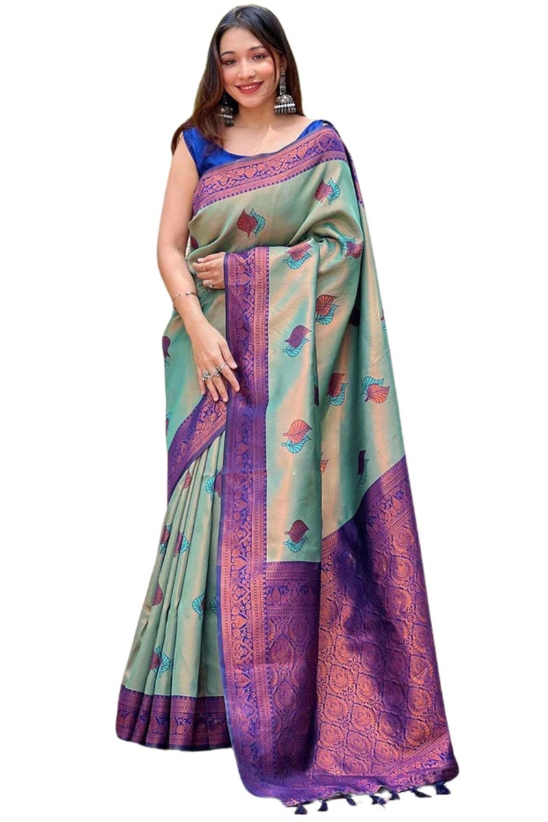 SGF11 Women's Kanjivaram Pure Soft Silk Saree With Unstitched Blouse Piece (Light Blue) - Image 1
