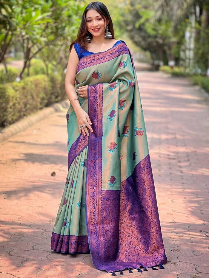 SGF11 Women's Kanjivaram Pure Soft Silk Saree With Unstitched Blouse Piece (Light Blue) - Image 2