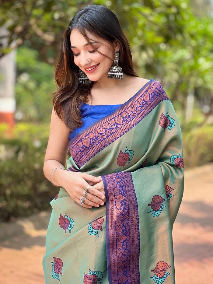 SGF11 Women's Kanjivaram Pure Soft Silk Saree With Unstitched Blouse Piece (Light Blue) - Image 3