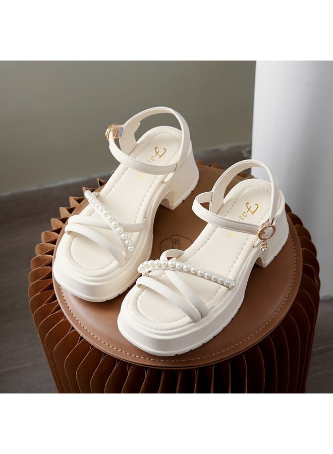 Summer New Style One-character High-heeled Sandals Women's Adhesive Thick Heeled Platform Sandals For Outer Wear Fashion High-end Sense