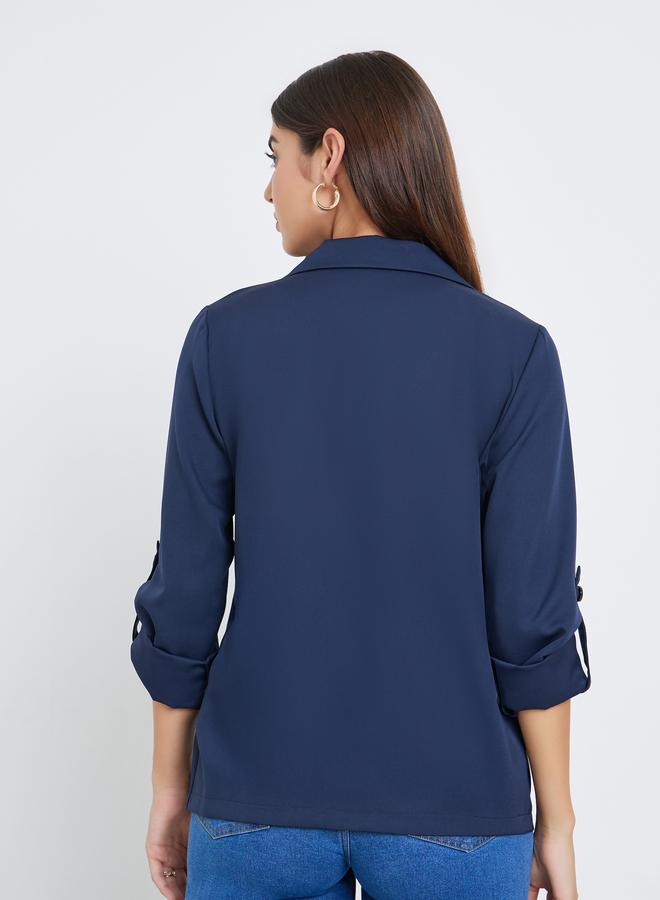 Take Two Women Navy Blue Solid Roll Up Sleeve Blazer - Image 5