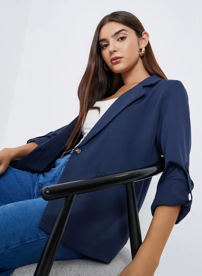 Take Two Women Navy Blue Solid Roll Up Sleeve Blazer
