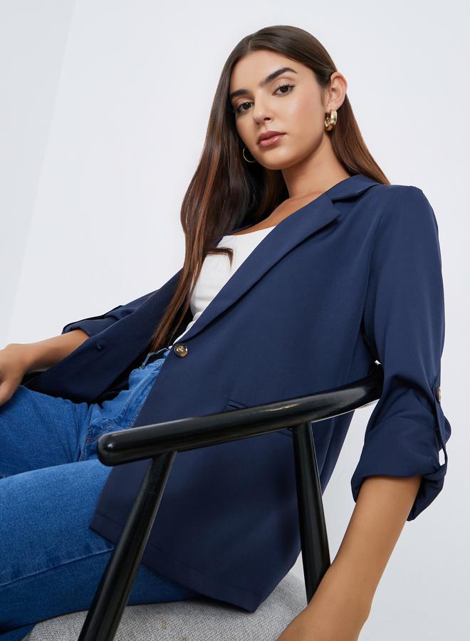 Take Two Women Navy Blue Solid Roll Up Sleeve Blazer - Image 1