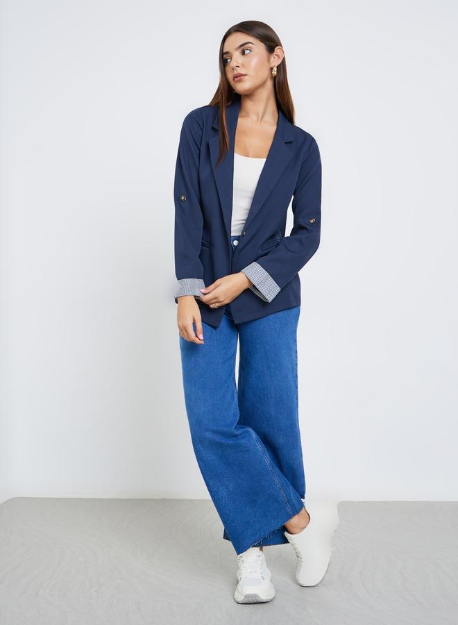Take Two Women Navy Blue Solid Roll Up Sleeve Blazer - Image 2