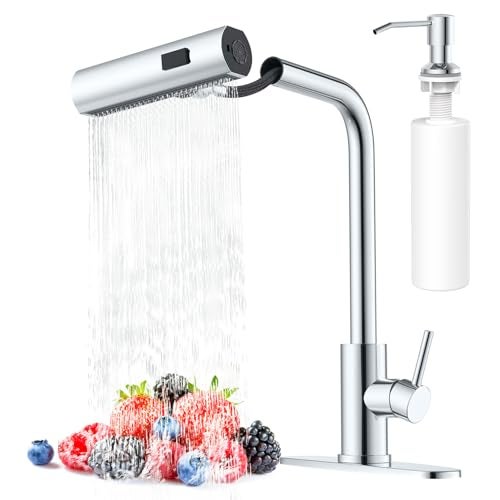 AVSIILE Waterfall Kitchen Faucets with Pull Down Sprayer Soap Dispenser in Chrome Single Hole Single Handle Pull Out Tap Stainless Steel Sink Faucet Suitable for Farmhouse Camper Laundry Rv Bar - Image 1
