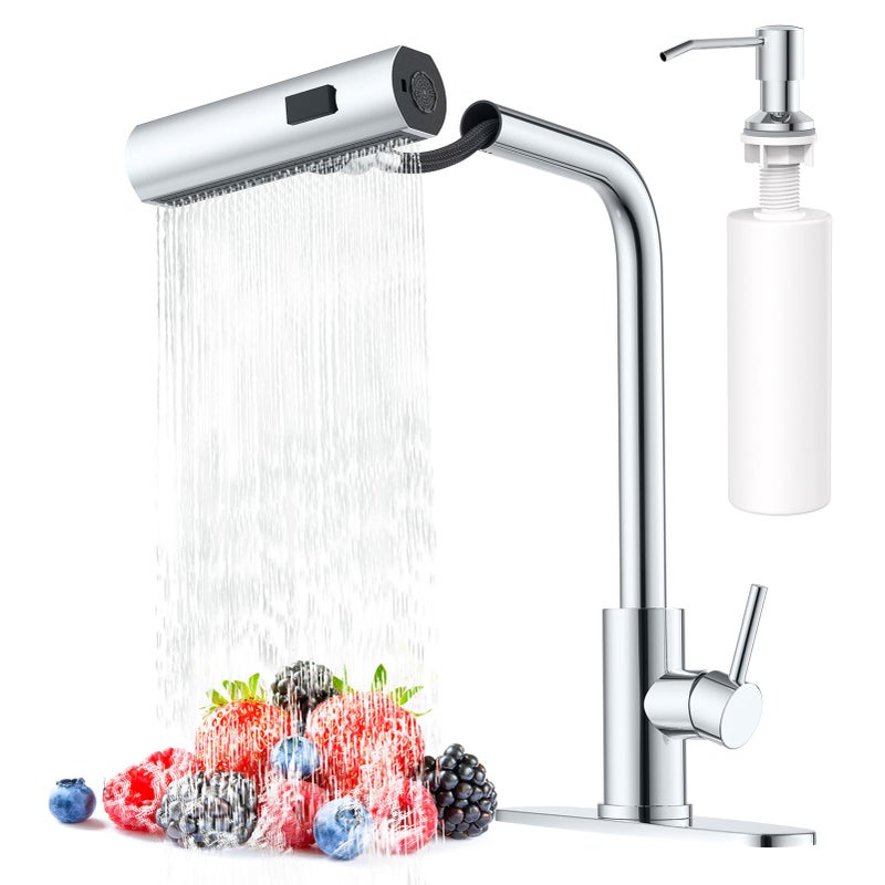 AVSIILE Waterfall Kitchen Faucets with Pull Down Sprayer Soap Dispenser in Chrome Single Hole Single Handle Pull Out Tap Stainless Steel Sink Faucet Suitable for Farmhouse Camper Laundry Rv Bar - Image 2
