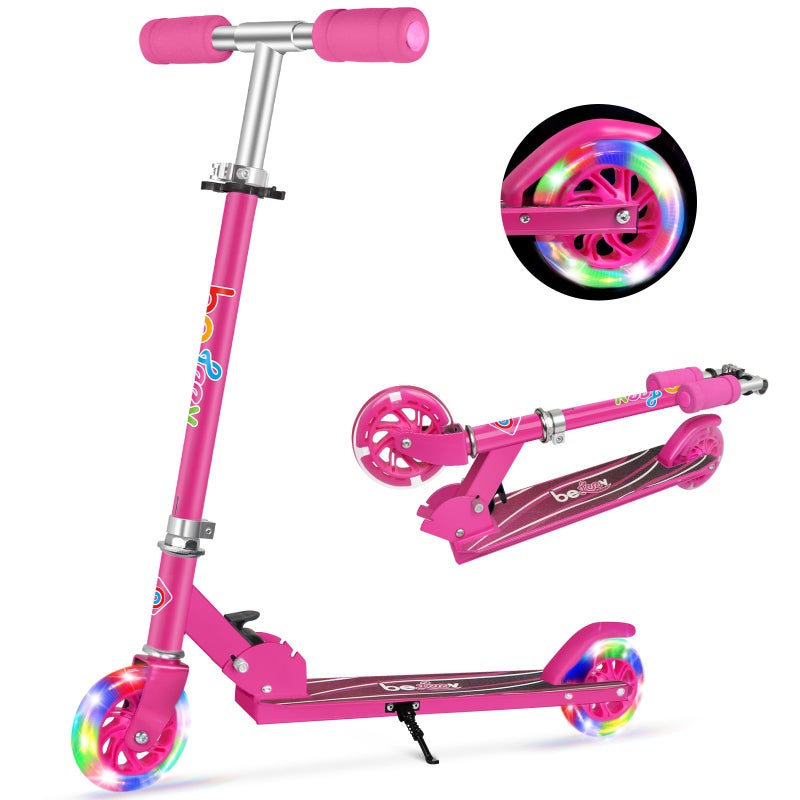 BELEEV BELEEV Scooter for Kids, 2 Wheels Folding Kick Scooter for Girl Boys Children, 3 Adjustable Height, Flashing Light up Wheels, Lightweight Scooter with Sturdy Frame, Kickstand, Age 3-12 (Hot Pink)  - Image 1