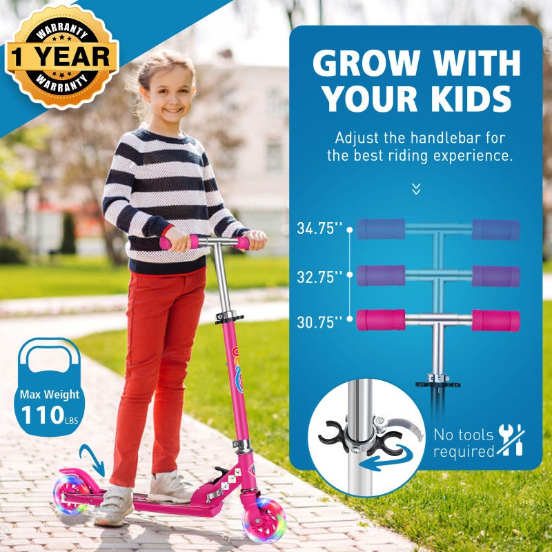 BELEEV BELEEV Scooter for Kids, 2 Wheels Folding Kick Scooter for Girl Boys Children, 3 Adjustable Height, Flashing Light up Wheels, Lightweight Scooter with Sturdy Frame, Kickstand, Age 3-12 (Hot Pink)  - Image 2