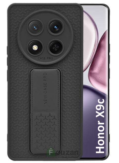 For Honor X9c - Semi Soft Silicone Magnetic Back Stand Case  With Foldable Kickstand & Finger Strap  - Black
