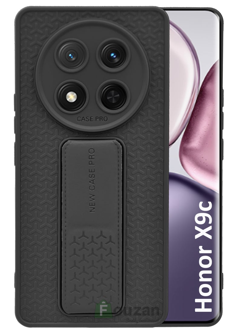Generic For Honor X9c - Semi Soft Silicone Magnetic Back Stand Case  With Foldable Kickstand & Finger Strap  - Black  - Image 1