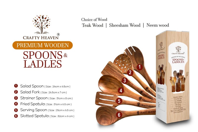 Crafty Heaven Wooden Spatualas & Ladles Set of 6 | Sheesham Wood Utensils for Cooking | Non-Stick Cookware Safe | Wooden Spoon Set | Handmade Kitchen Tools | Heat Resistant | Made in India - Image 2