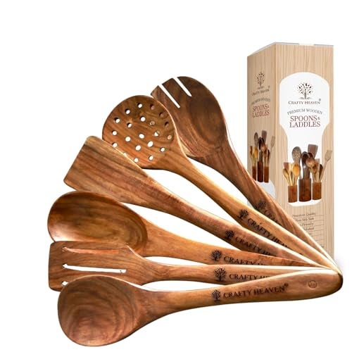 Crafty Heaven Wooden Spatualas & Ladles Set of 6 | Sheesham Wood Utensils for Cooking | Non-Stick Cookware Safe | Wooden Spoon Set | Handmade Kitchen Tools | Heat Resistant | Made in India - Image 1