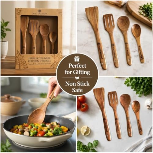 Crafty Heaven Wooden Spatualas & Ladles Set of 6 | Sheesham Wood Utensils for Cooking | Non-Stick Cookware Safe | Wooden Spoon Set | Handmade Kitchen Tools | Heat Resistant | Made in India - Image 3