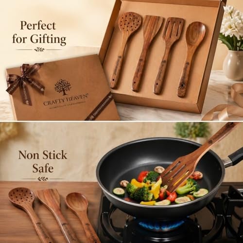 Crafty Heaven Wooden Spatualas & Ladles Set of 6 | Sheesham Wood Utensils for Cooking | Non-Stick Cookware Safe | Wooden Spoon Set | Handmade Kitchen Tools | Heat Resistant | Made in India - Image 4