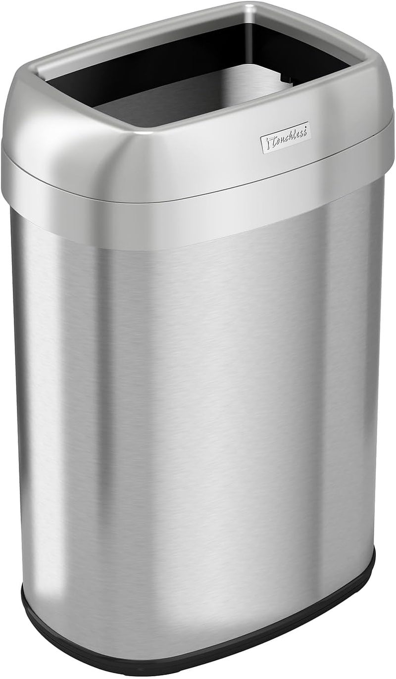 iTouchless 13 Gallon / 50L Open Top Trash Can, Oval Stainless Steel with Double AbsorbX Odor Filters – Fingerprint-Resistant Modern Kitchen and Office Waste Bin for Hassle-Free Disposal - Image 1
