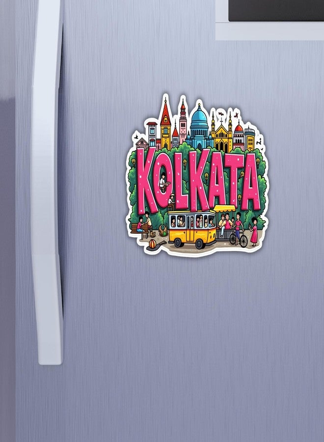 GiftODay Indian City Kolkata Theme Souvenir Wooden Fridge Magnet for Refrigerator - Printed Fridge Magnet for Kitchen & Home Decor | Perfect Souvenir Gift | Size 3x3 Inches | Pack of 1 - Image 1