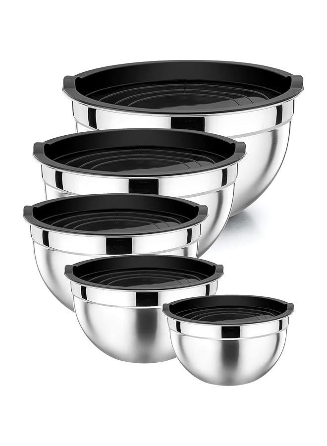 Mixing Bowl Set of 5, Stainless Steel Metal Nesting Salad Bowl with Lid Set, Ideal for Mixing Serving, Non-Toxic  Sturdy, Airtight Lid  Easy Clean