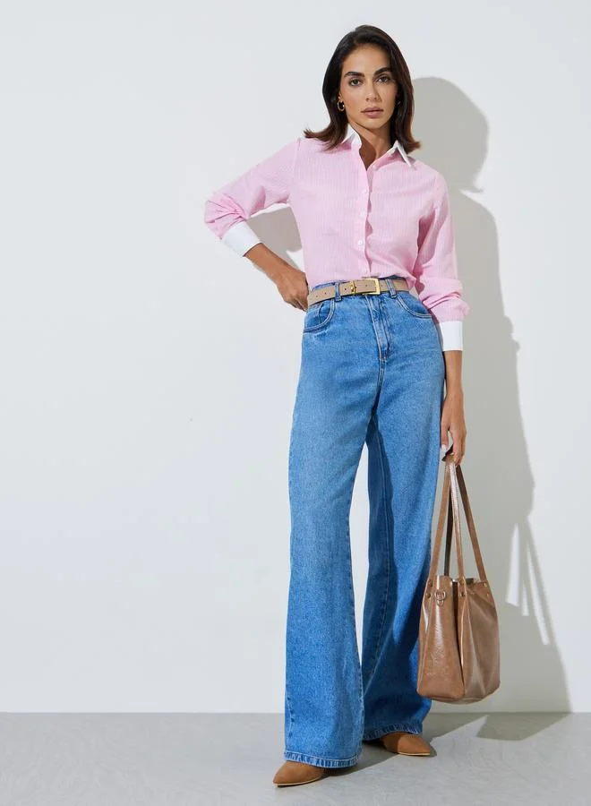Styli Pink Striped Shirt with Contrast Collar