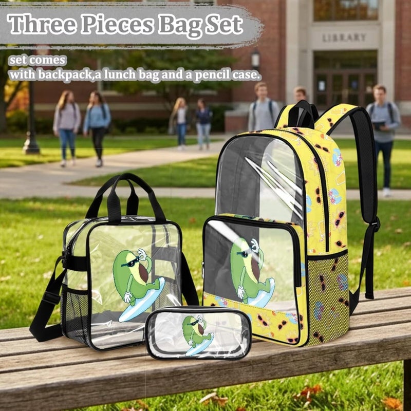 HUIACONG Avocado Surf Transparent Backpack Set for Girls Middle School 6th to 8th Grade 3 Piece PVC School Bookbag Set with Lunch Pouch and Pencil Case Approved Backpack - Image 3