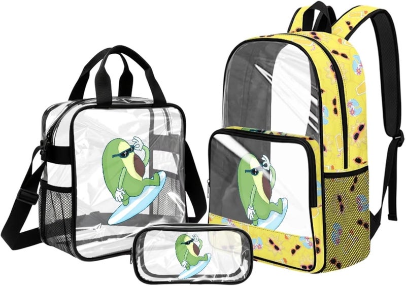 HUIACONG Avocado Surf Transparent Backpack Set for Girls Middle School 6th to 8th Grade 3 Piece PVC School Bookbag Set with Lunch Pouch and Pencil Case Approved Backpack - Image 1