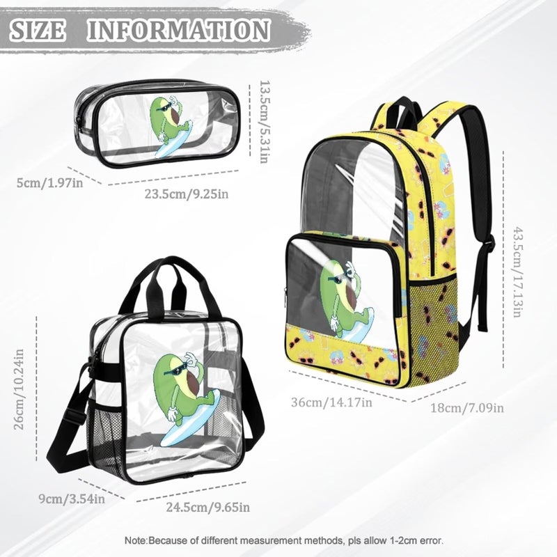 HUIACONG Avocado Surf Transparent Backpack Set for Girls Middle School 6th to 8th Grade 3 Piece PVC School Bookbag Set with Lunch Pouch and Pencil Case Approved Backpack - Image 2