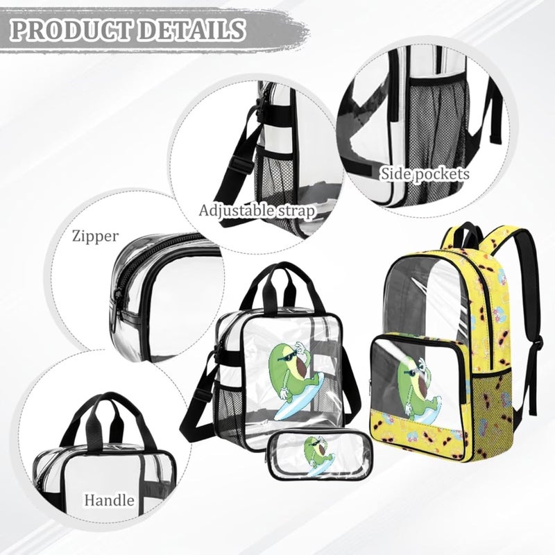 HUIACONG Avocado Surf Transparent Backpack Set for Girls Middle School 6th to 8th Grade 3 Piece PVC School Bookbag Set with Lunch Pouch and Pencil Case Approved Backpack - Image 4