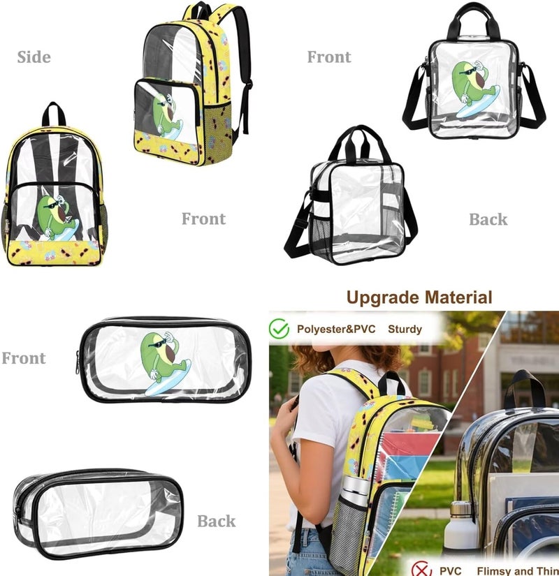 HUIACONG Avocado Surf Transparent Backpack Set for Girls Middle School 6th to 8th Grade 3 Piece PVC School Bookbag Set with Lunch Pouch and Pencil Case Approved Backpack - Image 5
