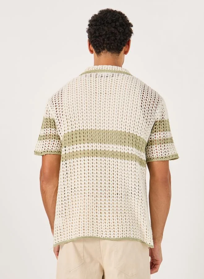 Styli Striped Open Crochet Knit Oversized Shirt