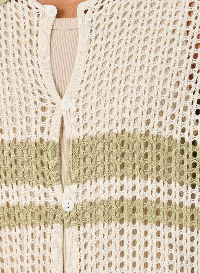 Styli Striped Open Crochet Knit Oversized Shirt